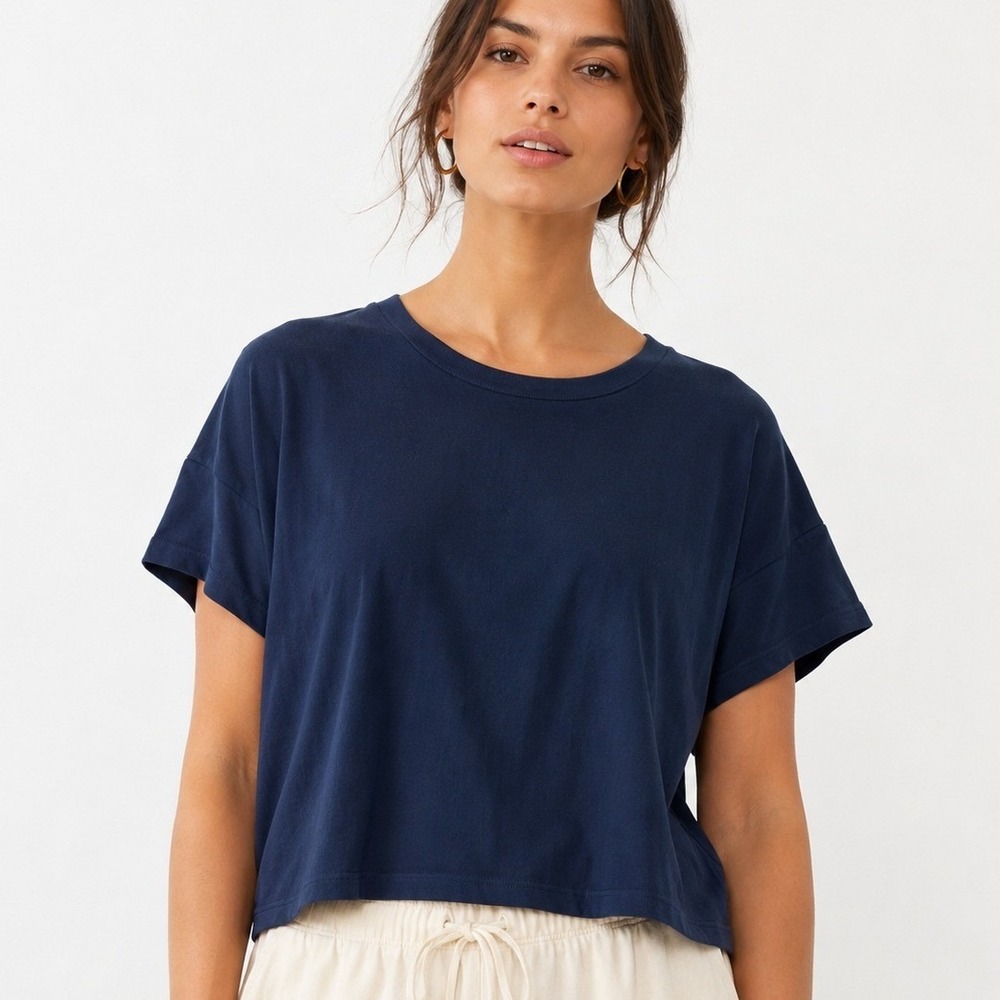PJ Harlow Ricky Top Women Medium Navy Blue Ribbed Supima Cotton Modal Lounge Tee